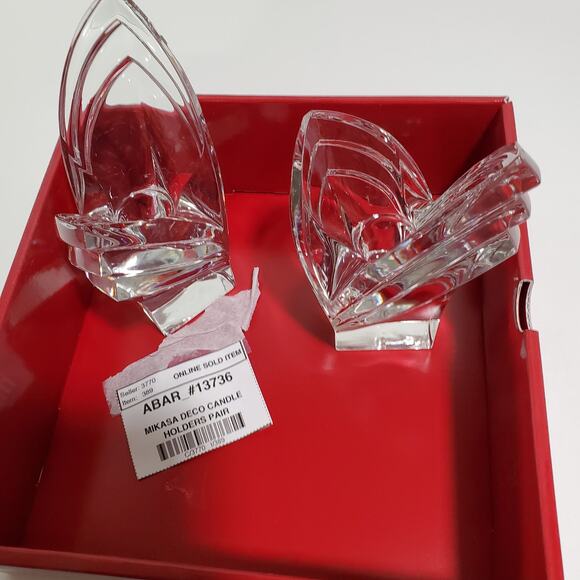 Mikasa Candle Holders Pair Taper Lead Crystal Art Deco Style 1990s Tulip Germany - Picture 16 of 16